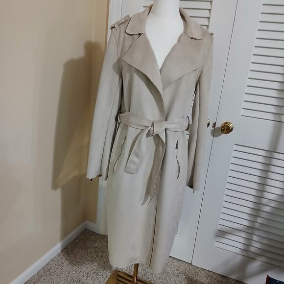 Magaschoni Large Faux Leather/Suede Beige Wrap Trench Coat Mid-Weight SOFT - Picture 4 of 13